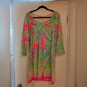 Lilly Pulitzer Pink and Green Leaf Print 3/4 Sleeve Boatneck Dress